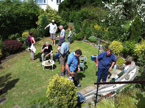Den Bank Close garden featuring a model railway at Crosspool Open Gardens, July 2010