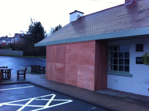 Boarded up area of The Sportsman pub in Crosspool