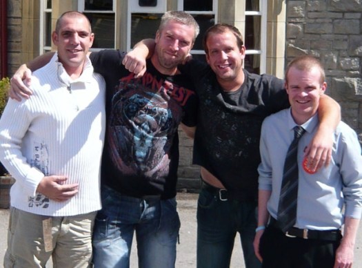 Crosspool Centenary Walk: the three lads and Crosspool Tavern landlord Andy