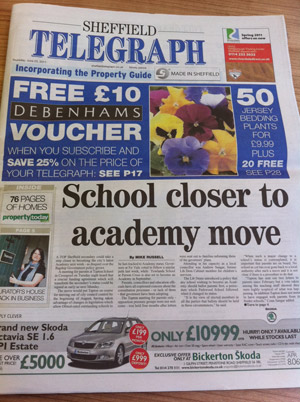 The front page of today's Sheffield Telegraph
