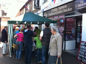 Outside Philip James butchers on Sandygate Road
