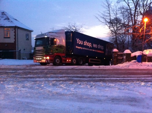 A lorry stuck in the ice at the top of Darwin Lane