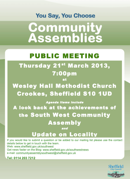 Community Assembly Meeting, Thursday 21 March, Crookes