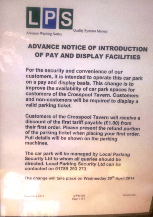 Crosspool Tavern car park is now pay and display