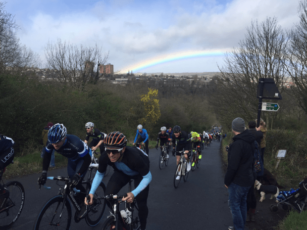 Rainbow over Hagg Hill cyclists (photo: Visit Sheffield)