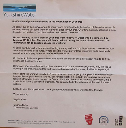 Yorkshire Water letter