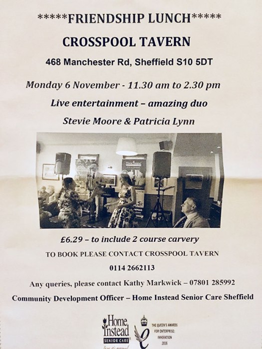 Friendship Lunch at Crosspool Tavern on Monday 6 November