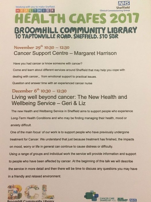 Health cafes at Broomhill Library on 29 November and 6 December